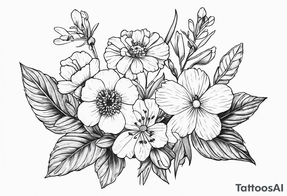 Small, fine line Birth flower bouquet with 2 violets, 3 larkspur, 2 aster tattoo idea