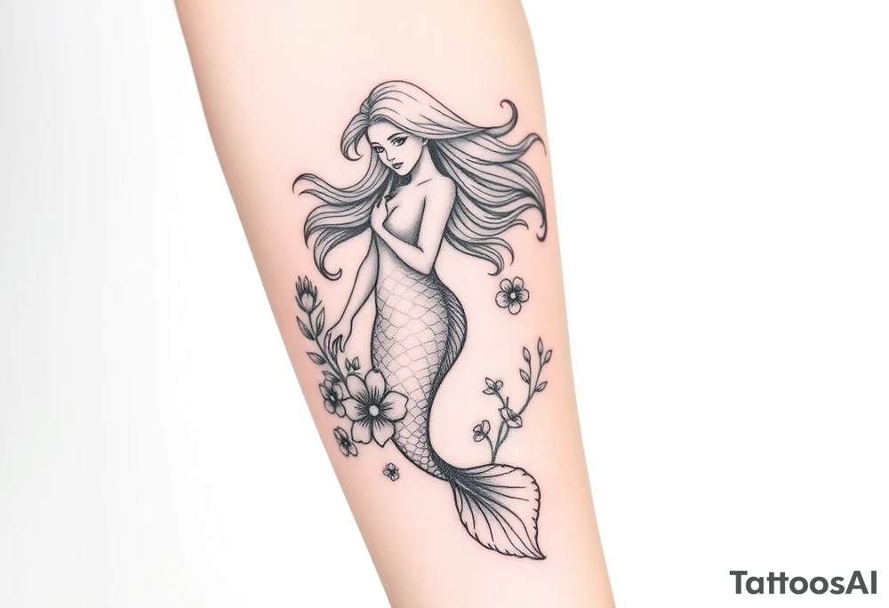 ethereal mermaid with flowing hair among coral and sea flowers tattoo idea