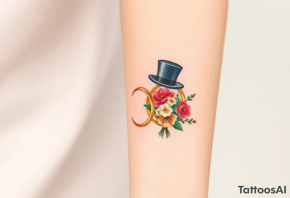 two golden wedding rings with top hat and wedding bouquet tattoo idea