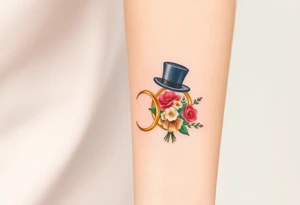 two golden wedding rings with top hat and wedding bouquet tattoo idea