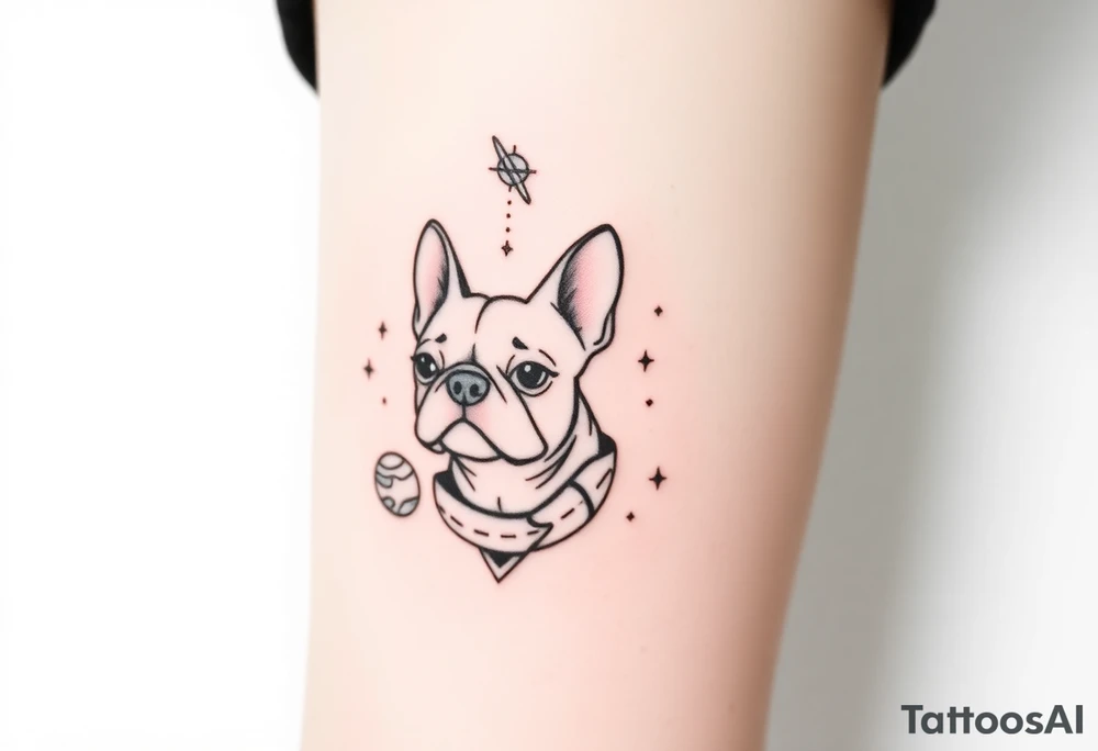 a space themed tattoo of my french bulldog mars. include elements in space like planets and stars. tattoo idea