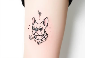 a space themed tattoo of my french bulldog mars. include elements in space like planets and stars. tattoo idea
