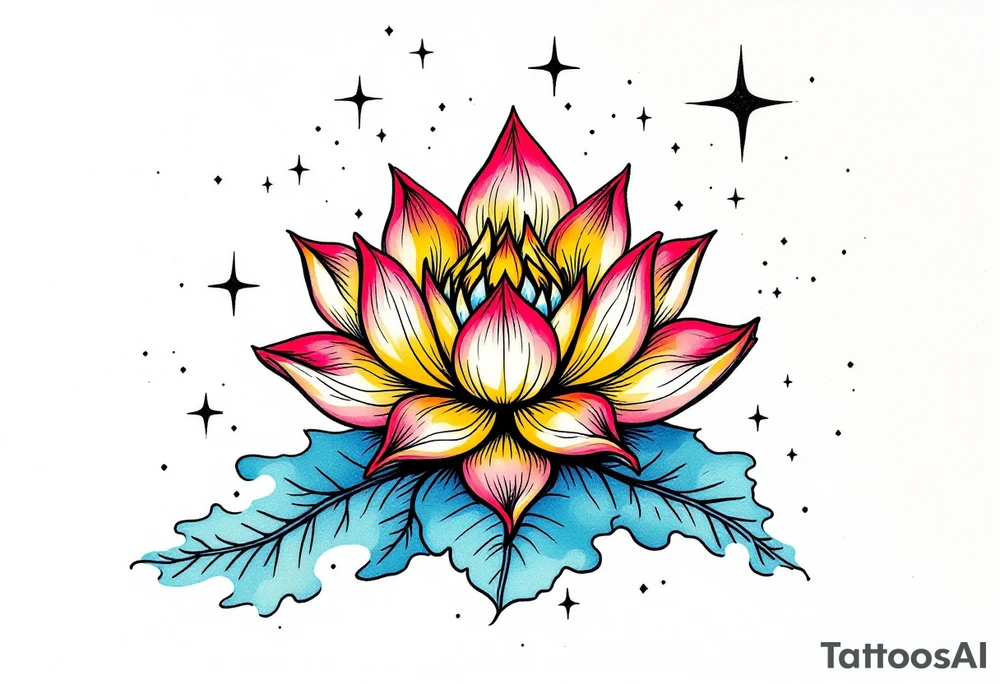 small colorful celestial with lotus flower tattoo idea