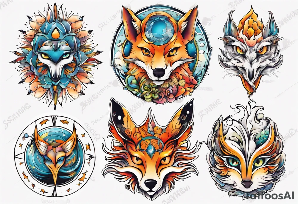 fisch, fuchs und eule , symetrie  sonne, universum, bunt tattoo idea