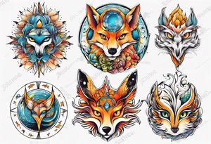 fisch, fuchs und eule , symetrie  sonne, universum, bunt tattoo idea