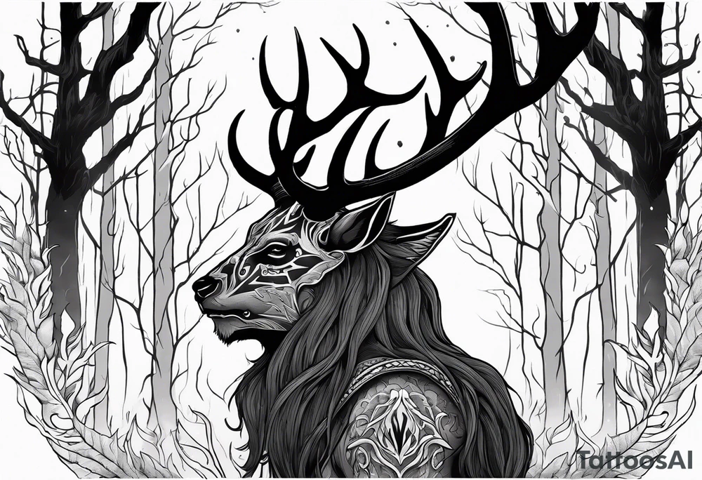 A scary dead lore accurate wendigo side profile surrounded by a forest fire in background tattoo idea