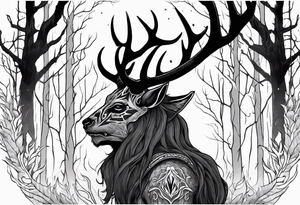 A scary dead lore accurate wendigo side profile surrounded by a forest fire in background tattoo idea