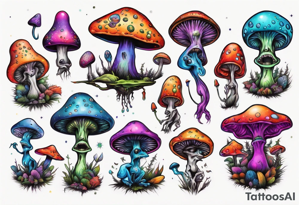 An alien having a psychedelic trip on mushrooms tattoo idea