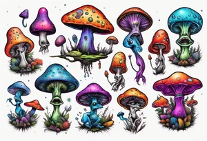 An alien having a psychedelic trip on mushrooms tattoo idea