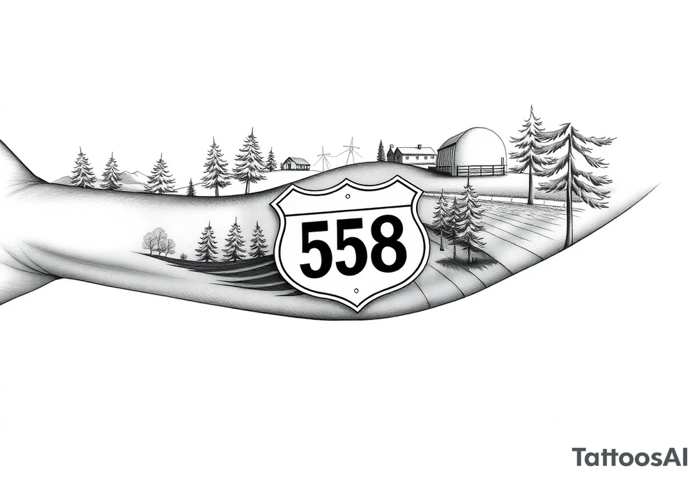 Arm sleeve small State Route sign 558 at wrist, with trees all around and farm in background, road w/ view tattoo idea