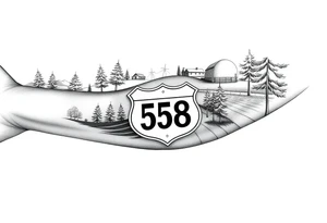 Arm sleeve small State Route sign 558 at wrist, with trees all around and farm in background, road w/ view tattoo idea