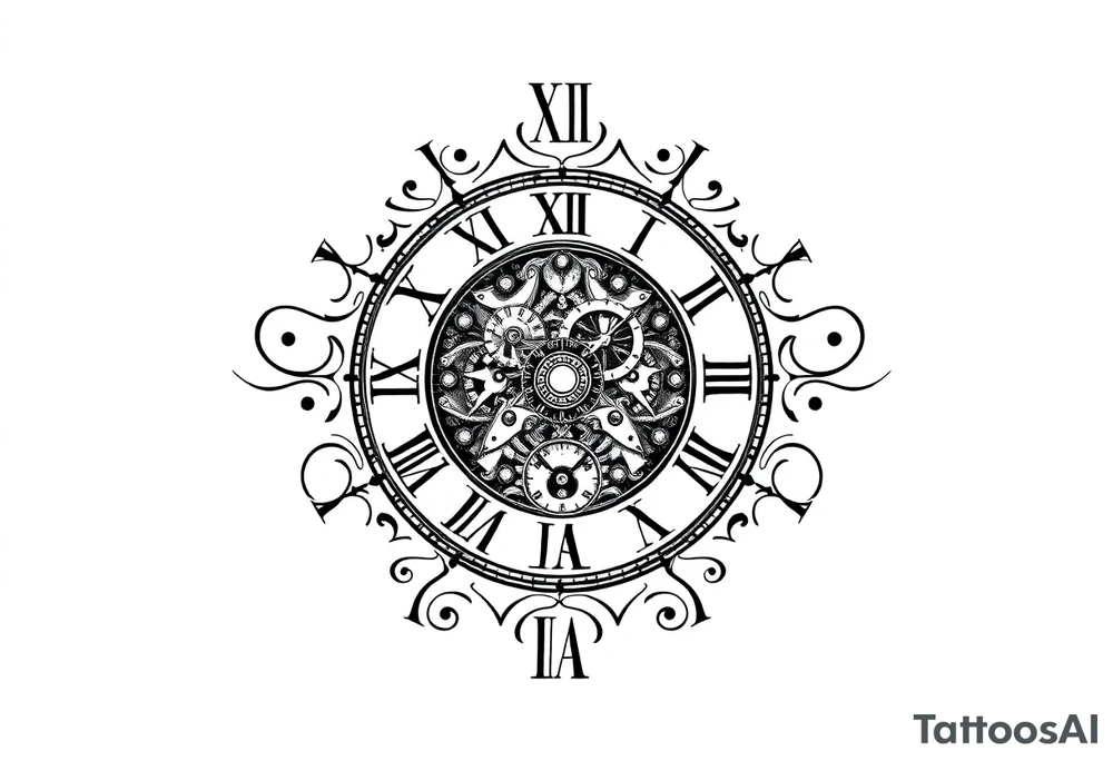 vintage roman numerals within ornate clockwork mechanism tattoo idea