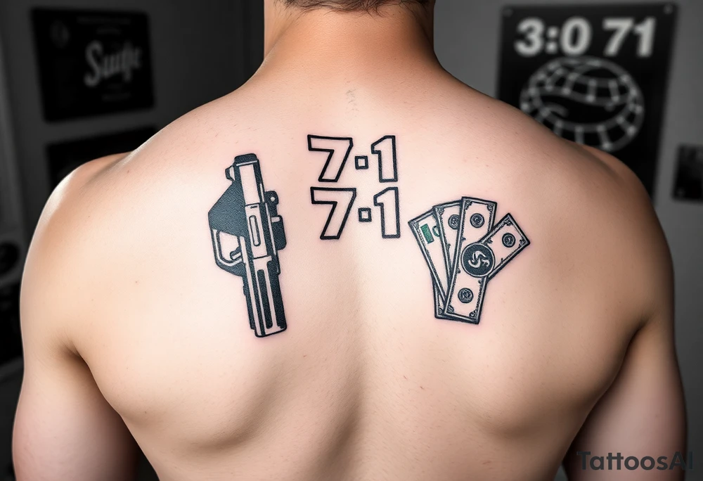 Someone standing in from of 7/11 with a gun and a wad of cash in the other hand tattoo idea