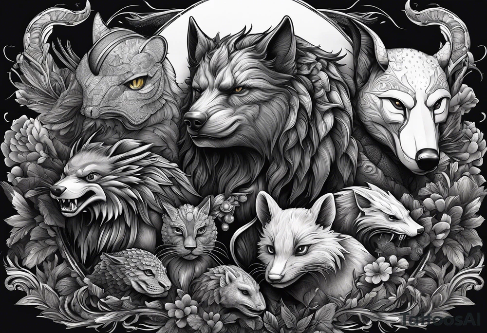 a super hero team which is combination of animals.
One is Badger/Wolverine, One is Bull, One is Wolf, One is Axolotl, One is Canary, One is Lizard, One is Cat tattoo idea
