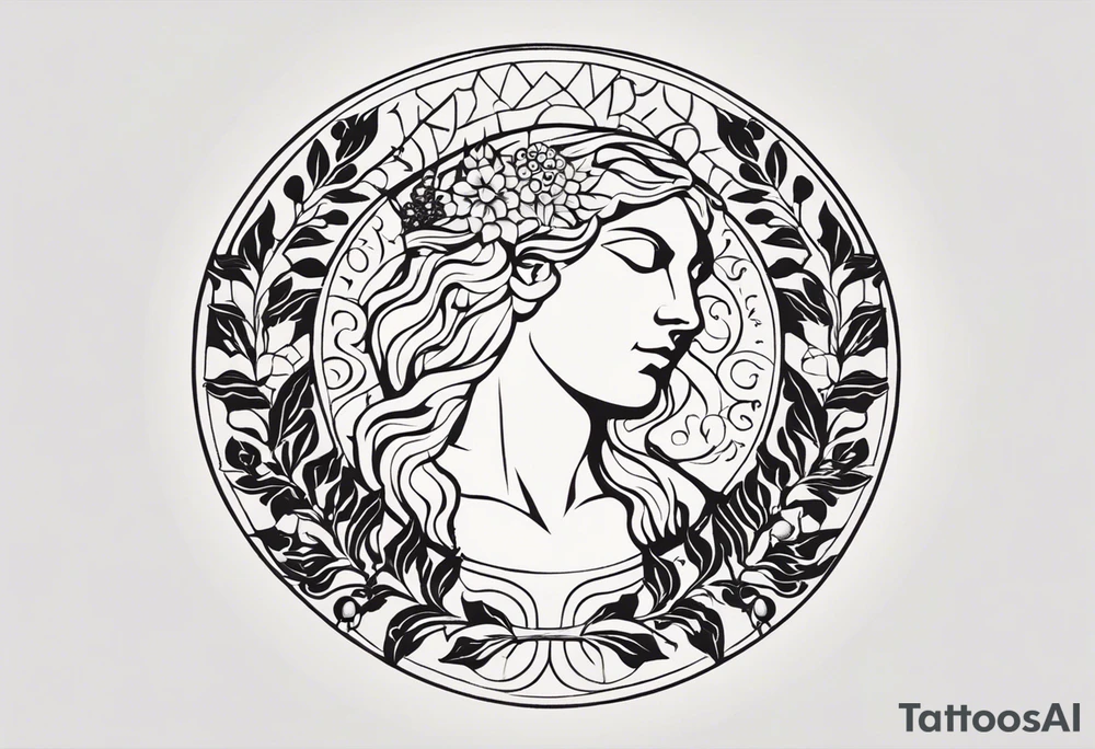 "Design a minimalist round tattoo inspired by ancient Greek art, centered around Dionysus and his love for theater. Create a circular composition with Dionysus depicted in the center, holding a theatrical mask and a goblet of wine. Surround him with simple yet symbolic elements such as grapevines, ivy leaves, or geometric patterns reminiscent of ancient Greek pottery. Ensure the design maintains a minimalist style, with clean lines and limited detail, while capturing the essence of Dionysus's affinity for both wine and theater within the circular frame." tattoo idea