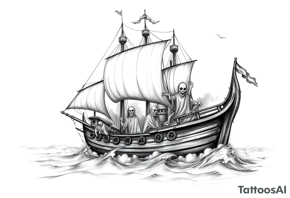 pirat-ship with ghosts surrounded by fog on sea. tattoo idea