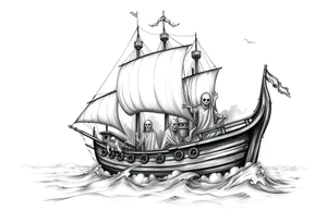 pirat-ship with ghosts surrounded by fog on sea. tattoo idea
