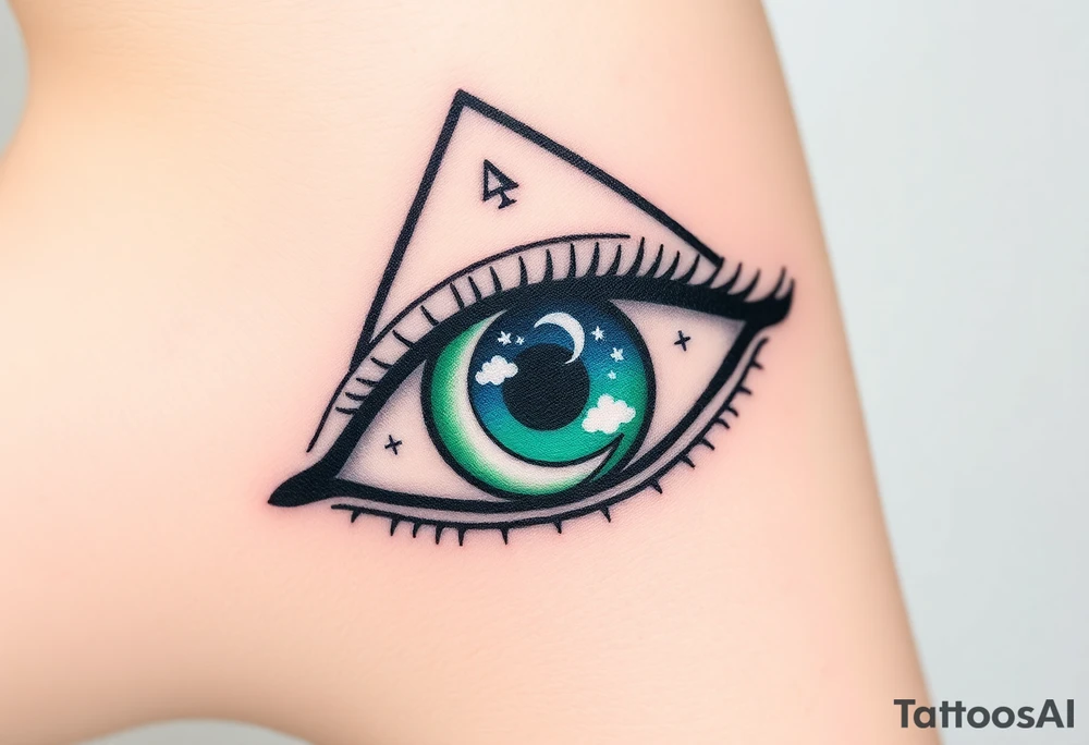 Large outline of an almond shaped eye with an ace of spades for the eyeball colored greenish blue with a crescent moon stars and clouds inside vivid colors blue green purple tattoo idea
