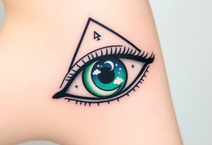 Large outline of an almond shaped eye with an ace of spades for the eyeball colored greenish blue with a crescent moon stars and clouds inside vivid colors blue green purple tattoo idea
