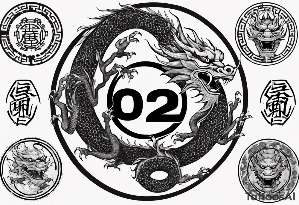 Chinese dragon in a circular shape with "02.03" written on its skin tattoo idea