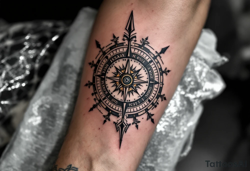 steampunk half compass/clock with a full-length arrow saying "Isaiah 40:31" tattoo idea