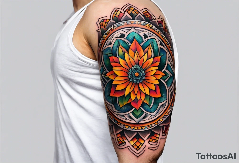 simple male virgo mandala elbow tattoo in fall colors tattoo idea