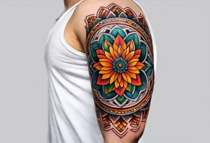 simple male virgo mandala elbow tattoo in fall colors tattoo idea