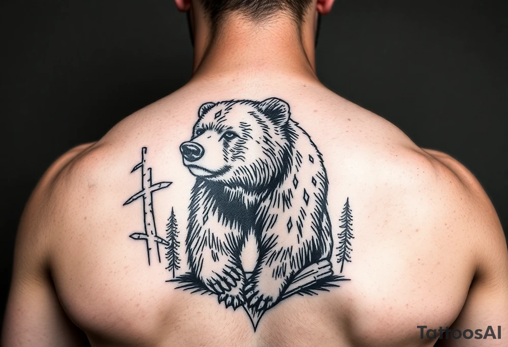 Steampunk style bear in woods tattoo idea