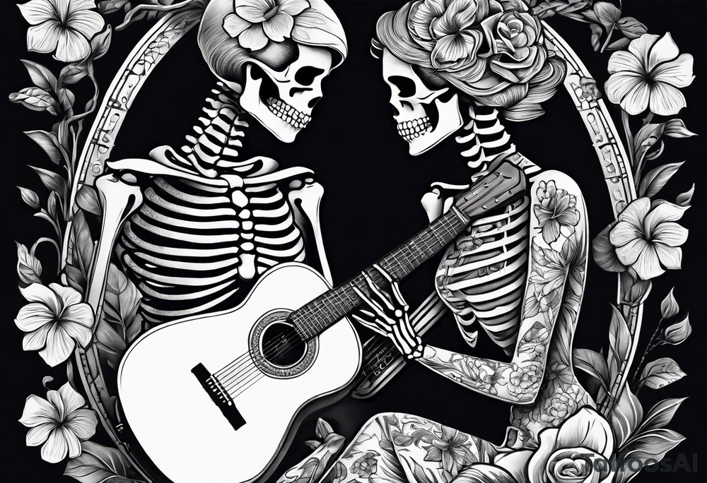 a female and male skeleton in love. The female has hibisucs flowers and the male is playing the guitar tattoo idea