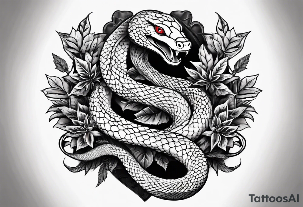 arm sleeve tattoo with a snake, gun, weed symbol that says HYDRA tattoo idea