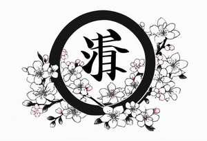 “Shadow”kanji inside half circle with small cherry blossoms tattoo idea