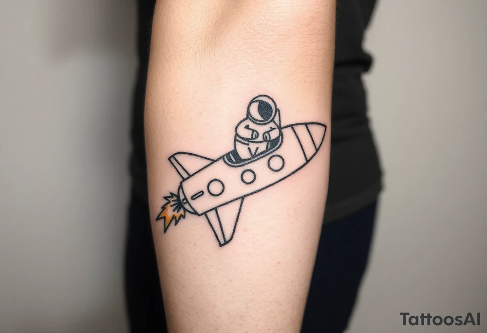 Falling apart rocket ship with sparks coming out the back  with astronaut riding it. It has LHS written on it and K and J on the nose tattoo idea
