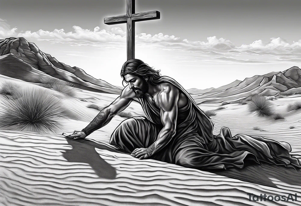 man crawling in a desert reaching to the cross of Christ tattoo idea