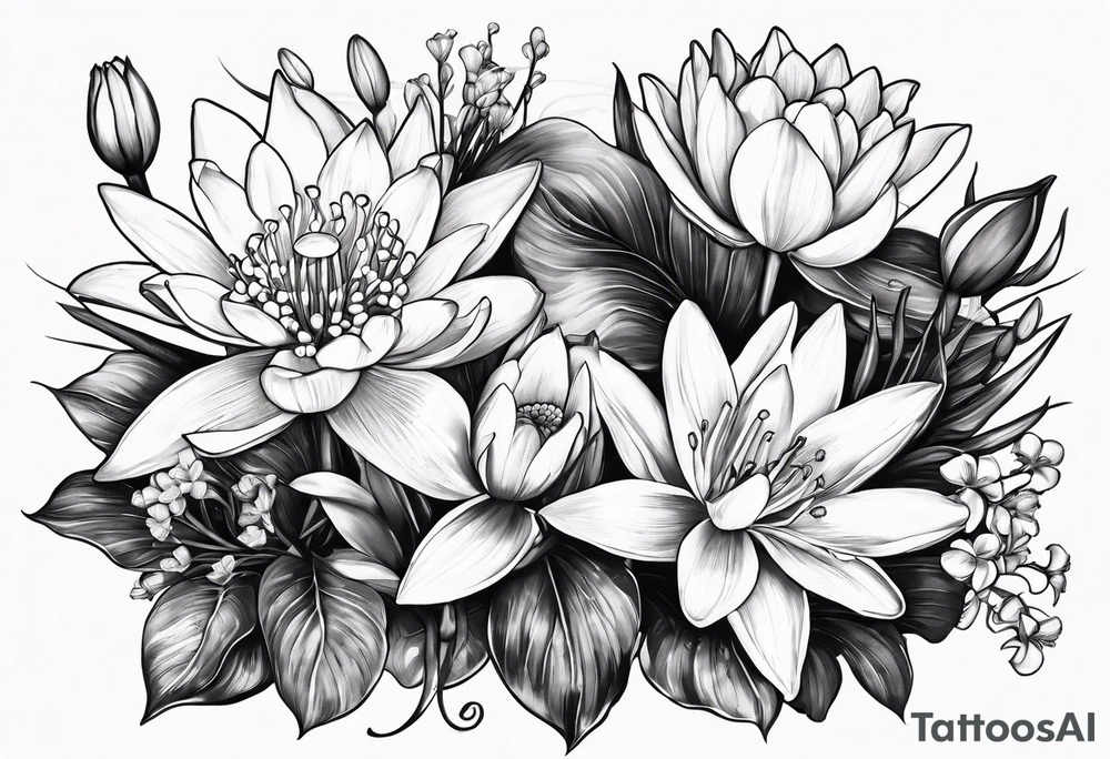Water Lily, Lily of the Valley, Narcissus, and Gladiolus bouquet tattoo idea