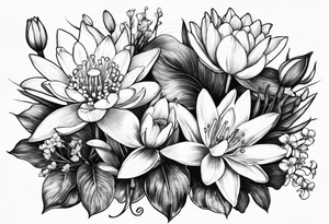 Water Lily, Lily of the Valley, Narcissus, and Gladiolus bouquet tattoo idea