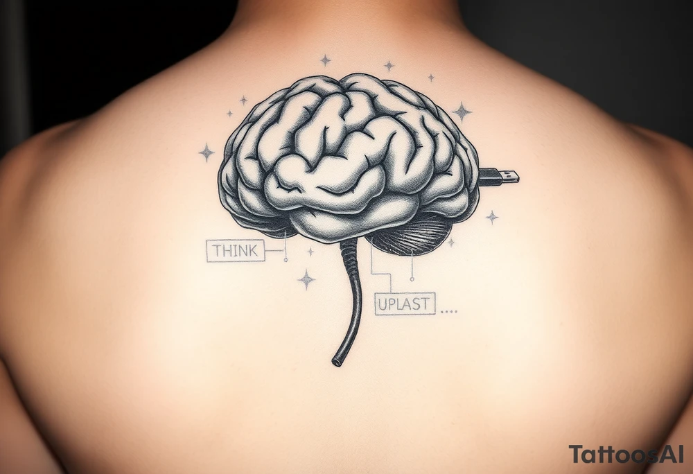 A Floating Brain with a USB Plug
A realistic human brain floating in the air, connected to a thick USB cable instead of a spine.
Holographic data streams running from it, displaying error codes or stock market numbers.
Could have a phrase like “THINK FAST” or “UPLOADING…”. tattoo idea