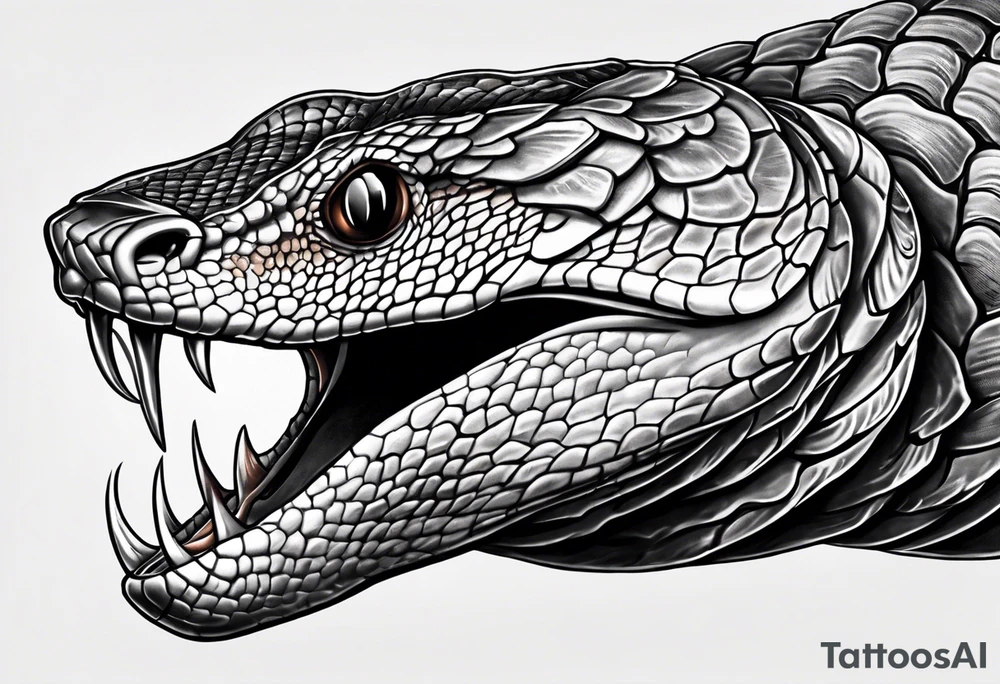 Copperhead with just the head turned up and mouth open, and forked tongue, black and white with copper colored eye tattoo idea