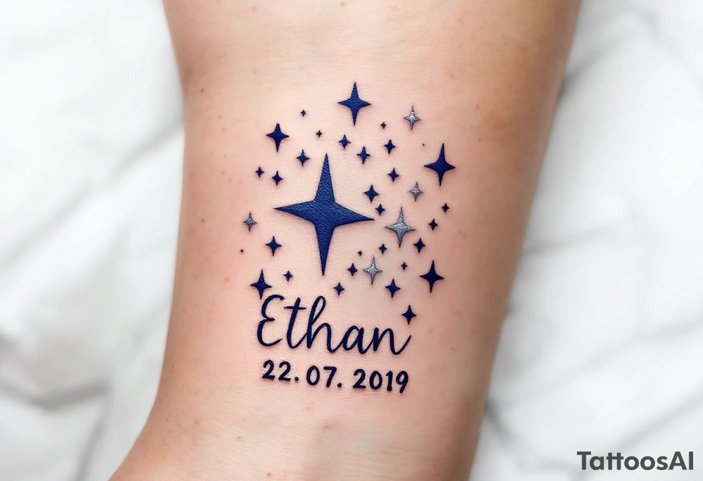 Ethan 22. 07. 2019 – Bold navy blue and silver stars scattered across a night sky, with Ethan's birthdate in a white, handwritten font. tattoo idea