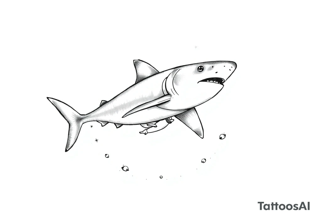 Generate a dive scene including a smaller shark circling a diver tattoo idea