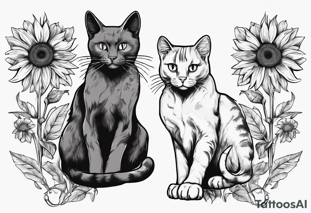 Maine coon cat and a grey cat with extra toes playing together with sun flowers tattoo idea