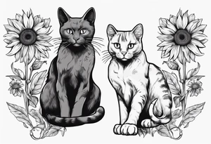 Maine coon cat and a grey cat with extra toes playing together with sun flowers tattoo idea