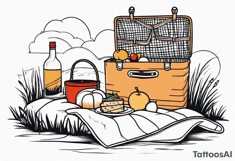 Very light and minimalstic picnic scene in nature. A blanket, picnic-basket with lid, pillows and pennants. Thin lines. tattoo idea