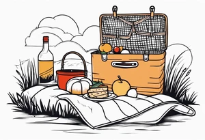 Very light and minimalstic picnic scene in nature. A blanket, picnic-basket with lid, pillows and pennants. Thin lines. tattoo idea