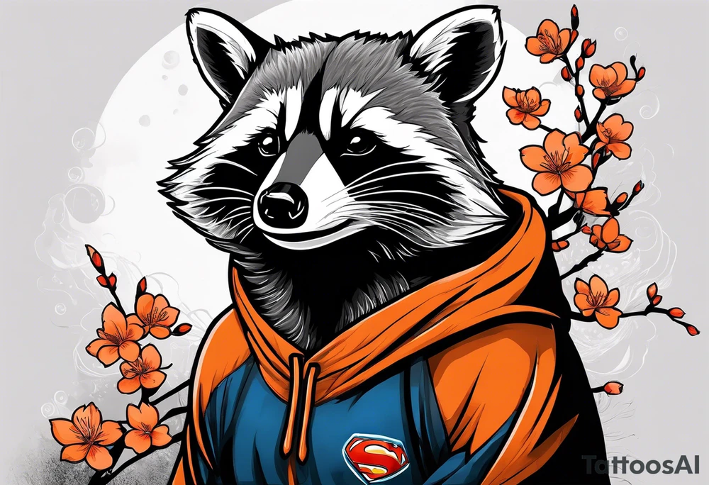 Raccoon wearing a white Superman logo on a black hoodie and orange Japanese cherry blossoms tattoo idea