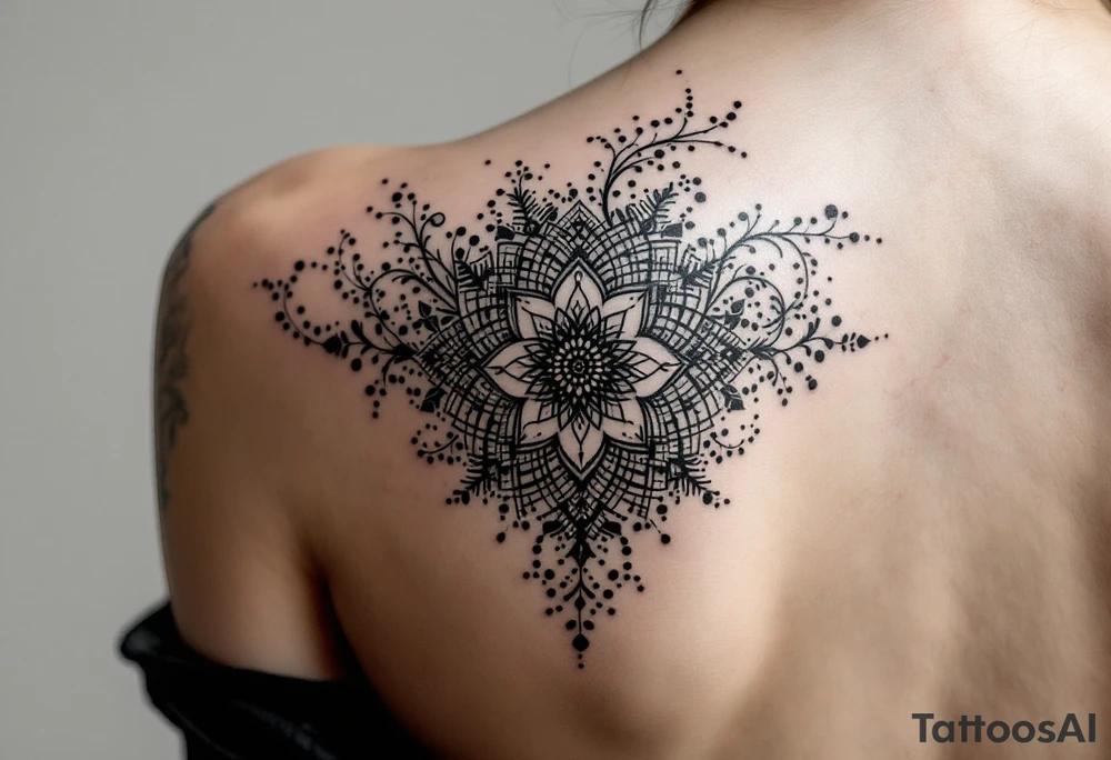 tattoo design with symmetrical ornamental patterns, combining dotwork, mandala elements, and flowing lines that follow the natural curves of the body. The design is intricate and balanced.” tattoo idea