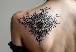 tattoo design with symmetrical ornamental patterns, combining dotwork, mandala elements, and flowing lines that follow the natural curves of the body. The design is intricate and balanced.” tattoo idea