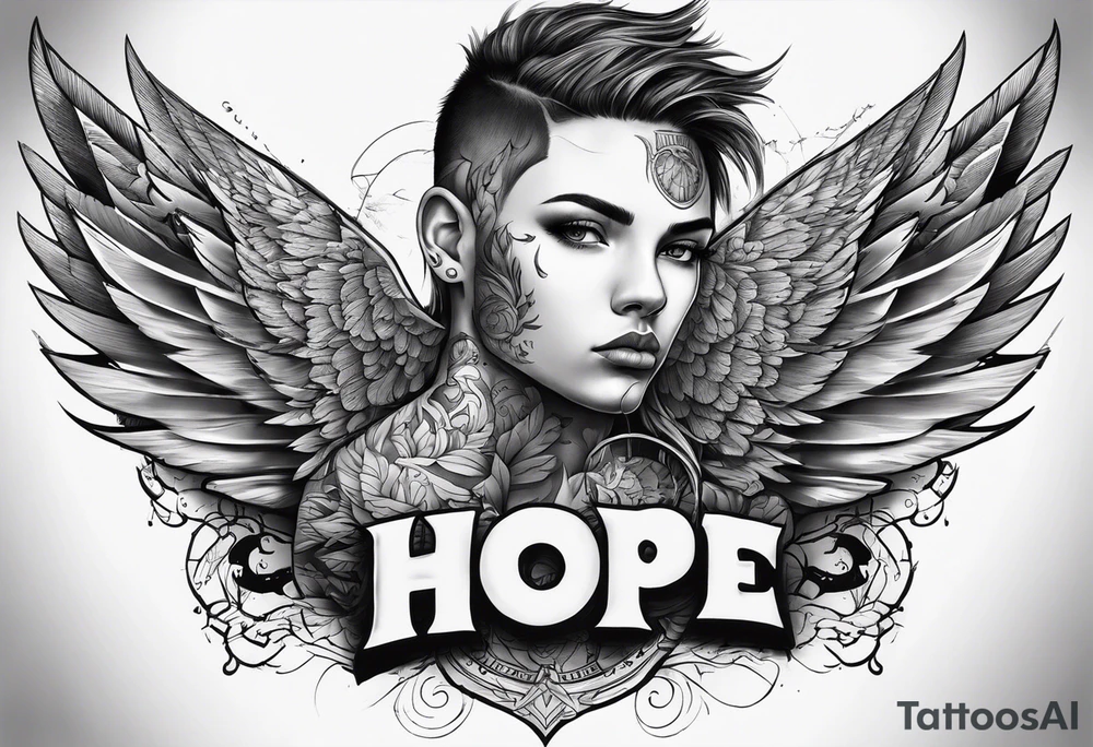 full chest tattoo realistic face and scar with wings on the shoulders and the word "hope" tattoo idea