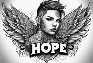 full chest tattoo realistic face and scar with wings on the shoulders and the word "hope" tattoo idea