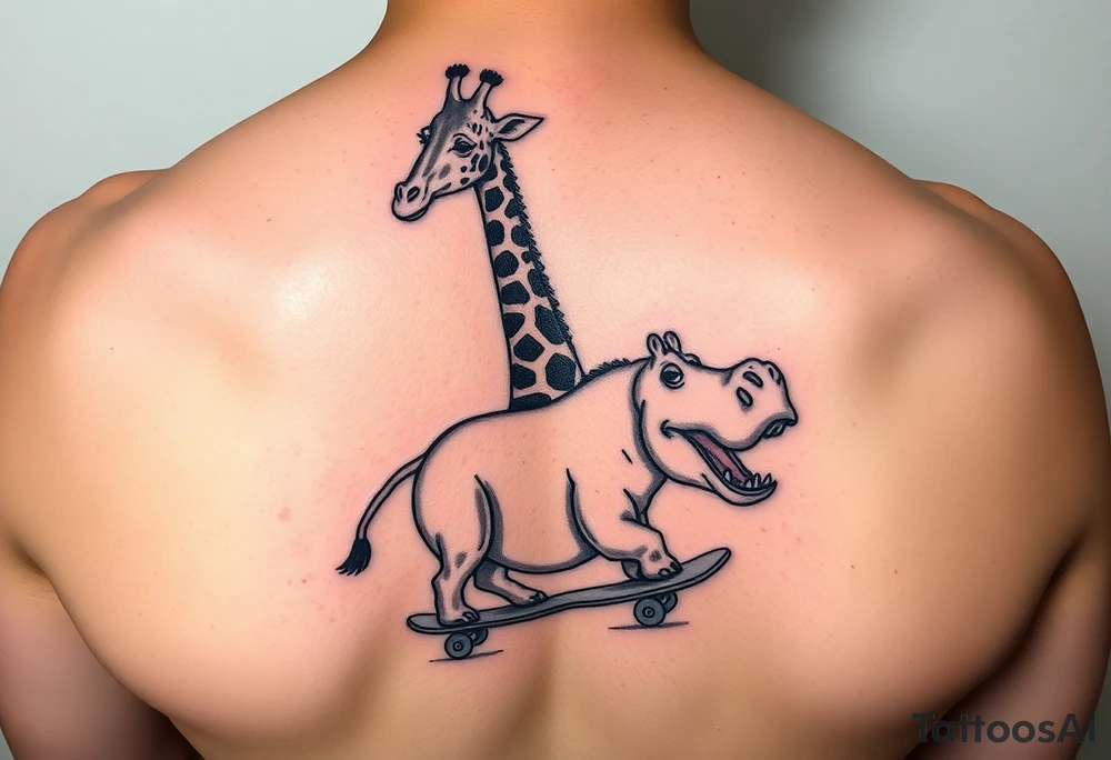 Majestic giraffe riding a skateboard and eating a hippo sandwich tattoo idea