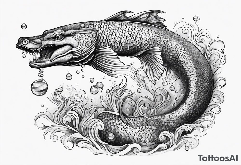 sea serpent underwater with fish and bubbles tattoo idea